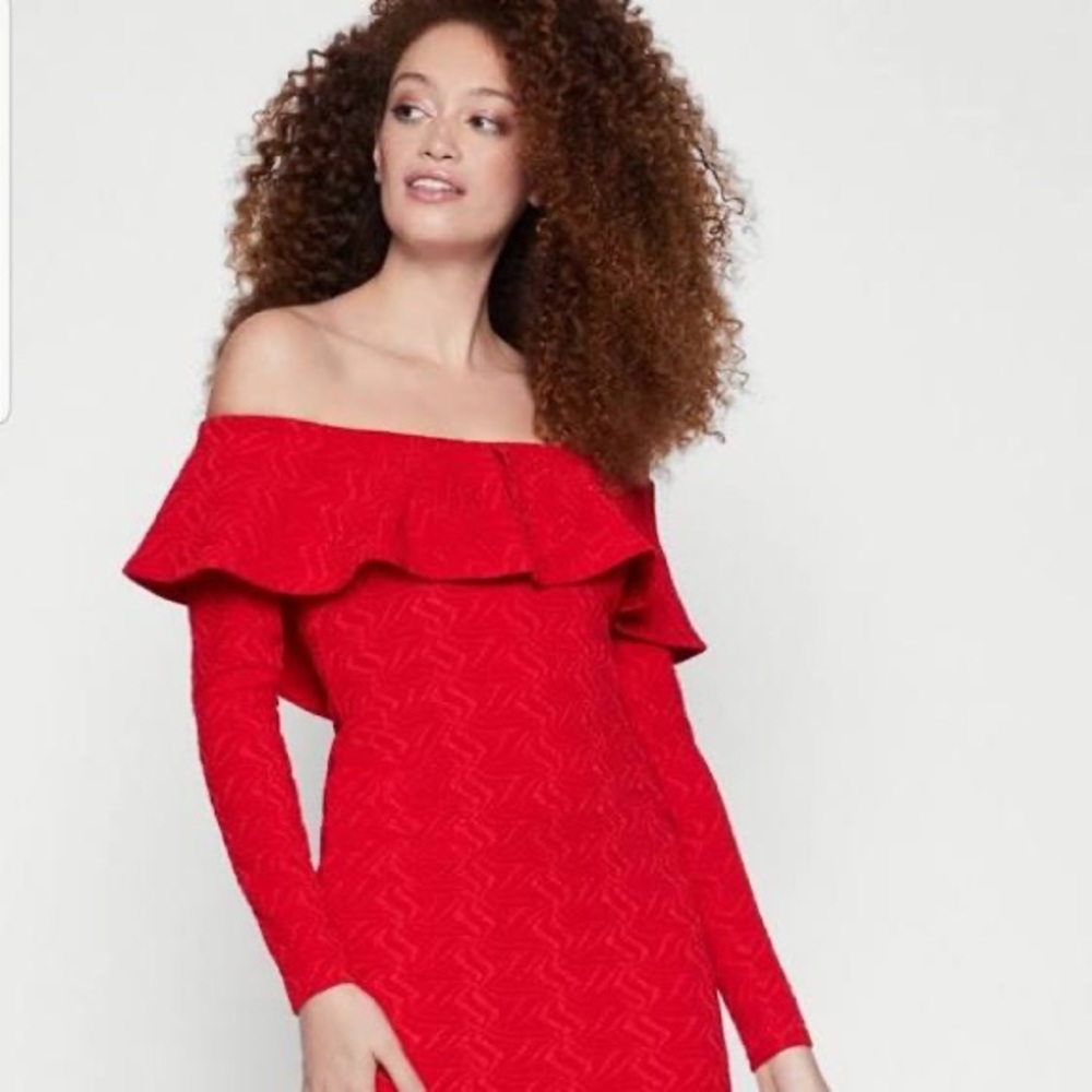 BCBGeneration Womens Electric Red Off The Shoulder Bodycon Dress Textured Midi